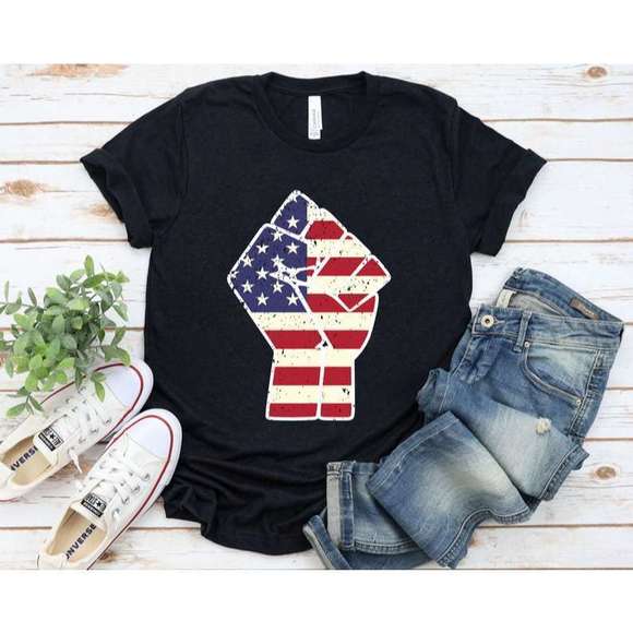 LaraCoey Tops - Raised Black Fist American Flag 4Th Of July T Shirt